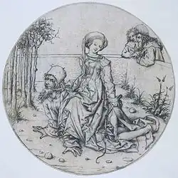 Drypoint of Aristotle ridden by Phyllis by the Housebook Master. c. 1490