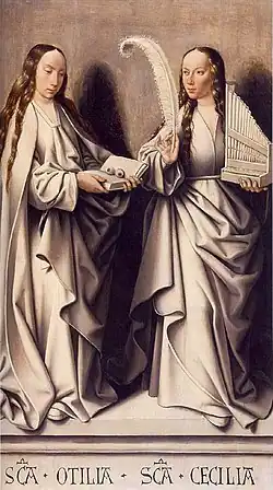 Master of Frankfurt, Saint Odile and Saint Cecilia, ca. 1503–1506, oil on panel, 113 x 67.9&nbsp;cm (44 1/2 x 26 3/4 in.), Historical museum, Frankfurt. This painting, rendered in grisaille, forms part of the outer wings of the Altarpiece of St. Anne commissioned for the Dominican Church of Frankfurt circa 1504.