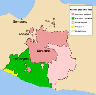 The realm of Yogyakarta Sultanate (green) in 1830.