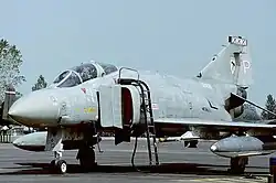 Phantom in air superiority grey. The aircraft has a boarding ladder mounted on its air intake. On the tail is painted a white shield with two birds attacking each other and three red Xs across the top. Three red Xs are also painted in the cap mounted on top of the tail.