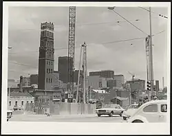 Construction of Museum station in July 1974 looking towards Coop's Shot Tower.
