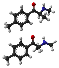 The two enantiomers of mephedrone: The potentially more potent S form is above the R form.