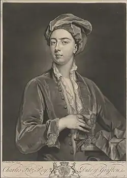 Mezzotint portrait of Charles FitzRoy, 2nd Duke of Grafton by John Faber the Younger after Sir Godfrey Kneller, 1733. Chaloner Smith 1883; British Mezzotinto portraits from the introduction of the art to the early part of the present century # 208.4 Yale Center for British Art