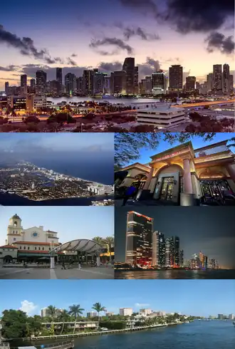 From top (left to right): Downtown Miami, Fort Lauderdale, Sawgrass Mills, The Square at West Palm Beach, Sunny Isles Beach, and Boca Raton