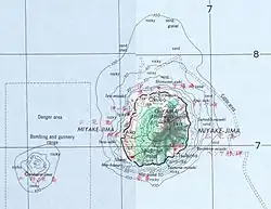 Map of Miyake-jima, with Ōnoharajima west south-west of it