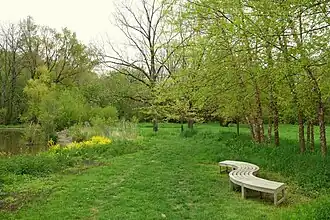 Seating area near a pond.