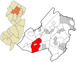 Location of Chester Township in Morris County highlighted in red (right). Inset map: Location of Morris County in New Jersey highlighted in orange (left).