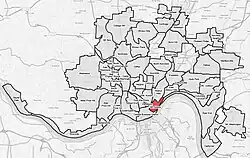 Mount Adams (red) within Cincinnati