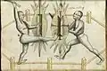 A kick used in armed combat as a means of displacing the opponent's shield in historical European martial arts (Hans Talhoffer 1459)