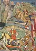 Musicians advance behind Emperor Humayun defeating the Afghans. One straight-tubed nafir trumpet, one S-curved karnay.