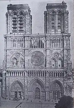 The western façade of Notre-Dame in 1841, showing the building in an advanced state of disrepair before the major restoration by Viollet-le-Duc