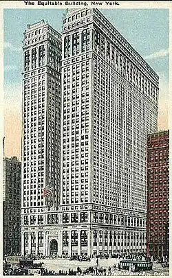 Illustration on a postcard of a tall, white building, with two narrow towers rising straight up from a wider base.