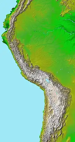Image 37Topographic map of the Andes by the NASA. The southern and northern ends of the Andes are not shown. The Bolivian Orocline is visible as a bend in the coastline and the Andes lower half of the map. (from Andean orogeny)
