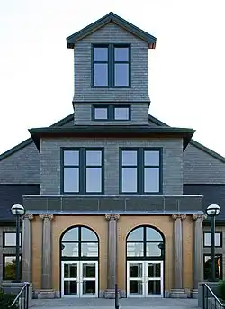 The facade of the John Nazarian Center for the Performing Arts incorporates columns from the original Normal School Building