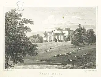 A country house on a hillside overlooking a lake