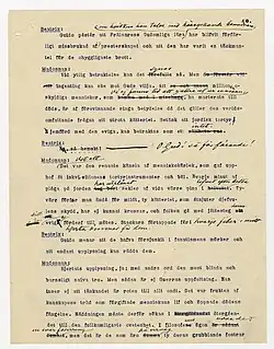 A page of a theatre-play showing dialogue between two characters, Beatrix and the Madonna. The text is type-written, but heavily proofed with a fountain-pen.