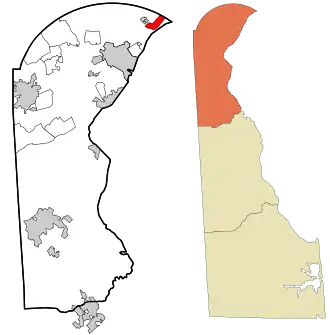 Location of Claymont in New Castle County, Delaware (left) and of New Castle County in Delaware (right)