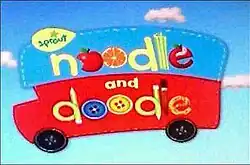 A bus shaped logo with the words Noodle and Doodle, with fruits and buttons for O's.