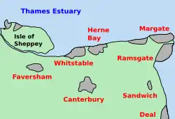 A map of north-east Kent, with urban areas shaded in grey. Labels mark the locations of the Thames Estuary, the Isle of Sheppey, Whitstable, Herne Bay, Margate, Ramsgate, Sandwich, Deal, Faversham and Canterbury