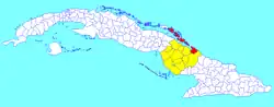 Nuevitas municipality (red) within Camagüey Province (yellow) and Cuba