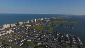 Aerial view of houses and large hotels in Ocean City