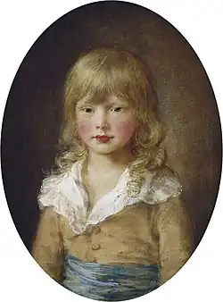 Portrait of Prince Octavius as a young boy in 1782, by Thomas Gainsborough. He is depicted with long, flowing blonde hair and a yellow and blue shirt.