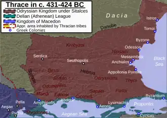 Image 8Thrace and the Thracian Odrysian kingdom in its maximum extent under Sitalces (431-424 BC) (from History of Turkey)