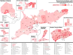 The percentage of votes cast for the Liberals by riding.