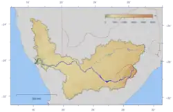 Course and watershed of the Orange River with topography shading and political boundaries.