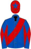 Royal blue, red sash, diabolo on sleeves, red cap, royal blue star