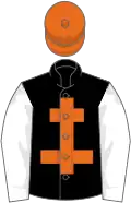 Black, orange cross of lorraine, white sleeves, orange cap