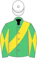 Emerald green, yellow sash, diabolo on sleeves, white cap