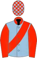 Light Blue, Scarlet collar, sash and sleeves, check cap