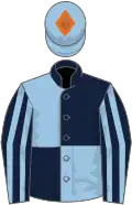 Dark blue and light blue (quartered), striped sleeves, light blue cap, orange diamond