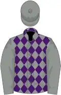Grey and purple diamonds, grey sleeves and cap