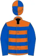 Orange and royal blue hoops, blue sleeves, quartered cap
