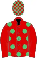Red, emerald green spots, red sleeves, check cap