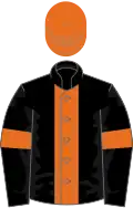 Black, orange stripe, black sleeves, orange armlets, orange cap