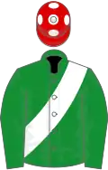 Green, white sash, red cap, white spots
