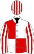 White and red (quartered), striped sleeves and cap