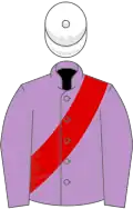 Mauve, red sash, white cap