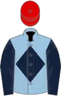 Light blue, dark blue diamond and sleeves, red cap