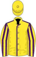 Yellow, purple seams, striped sleeves, yellow cap