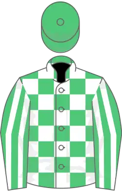 Emerald green and white check, striped sleeves, emerald green cap