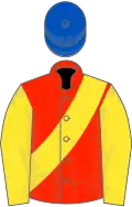 Scarlet, yellow sash and sleeves, royal blue cap