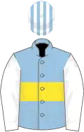 Light blue, yellow hoop, white sleeves, light blue and white striped cap