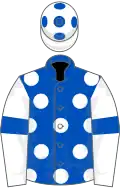 Royal blue, white spots, white sleeves, royal blue armlets and spots on white cap