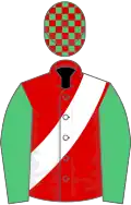 Red, white sash, emerald green sleeves, emerald green and red check cap