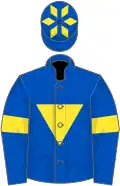 Royal blue, yellow inverted triangle, armlets, diamonds on cap