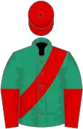 Emerald green, red sash, halved sleeves, red cap